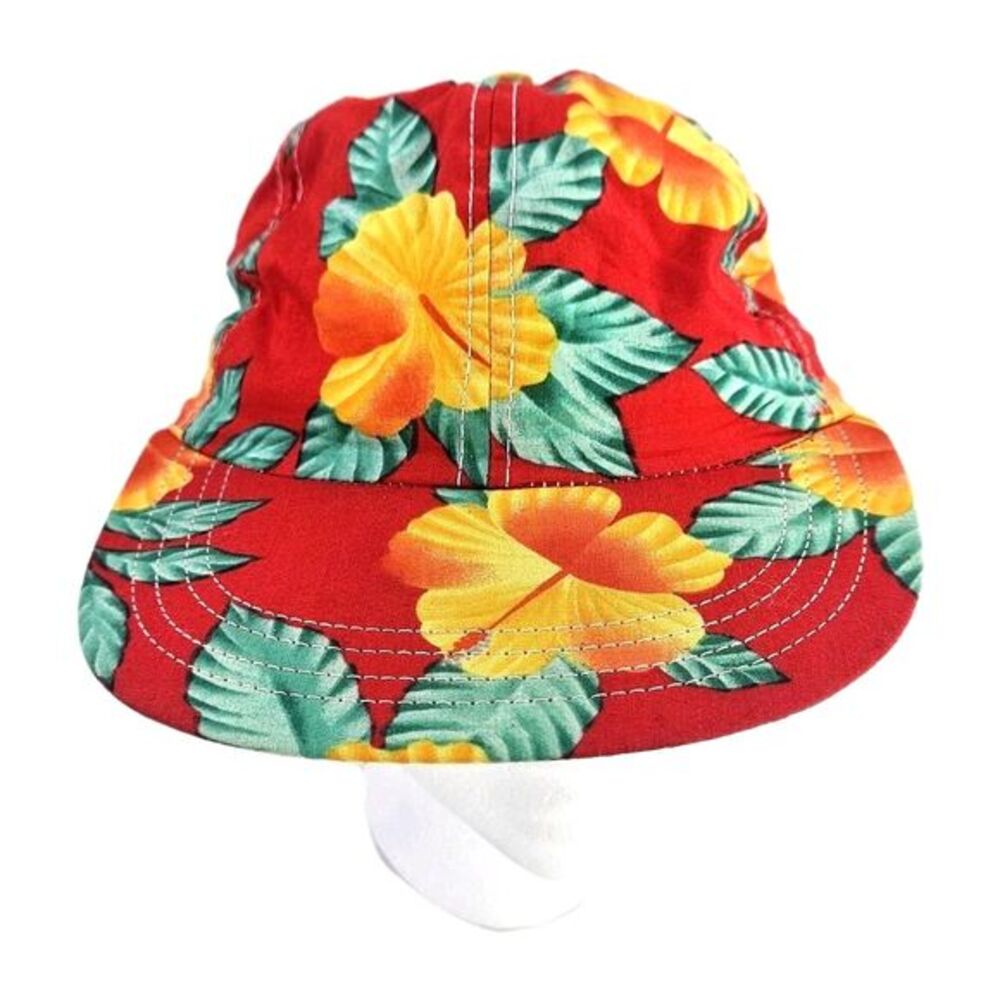 Vtg y2k Retro‎ 90s Hawaiian Hat Cap Red Floral Print Stretch Band One Size USA